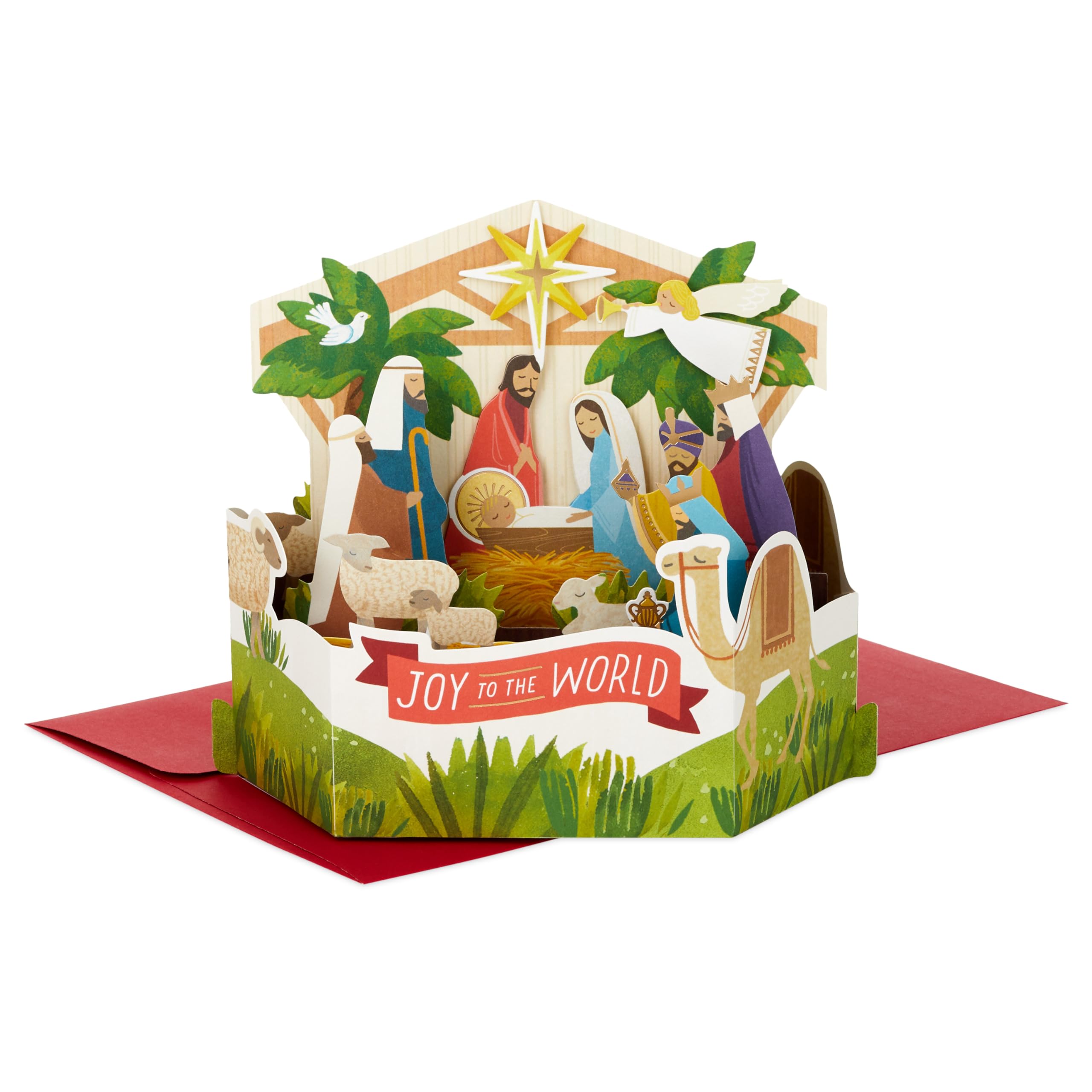 Hallmark Christmas Card, Nativity Scene Design, 3D and Pop Up Card, Religious Card, Green, Red
