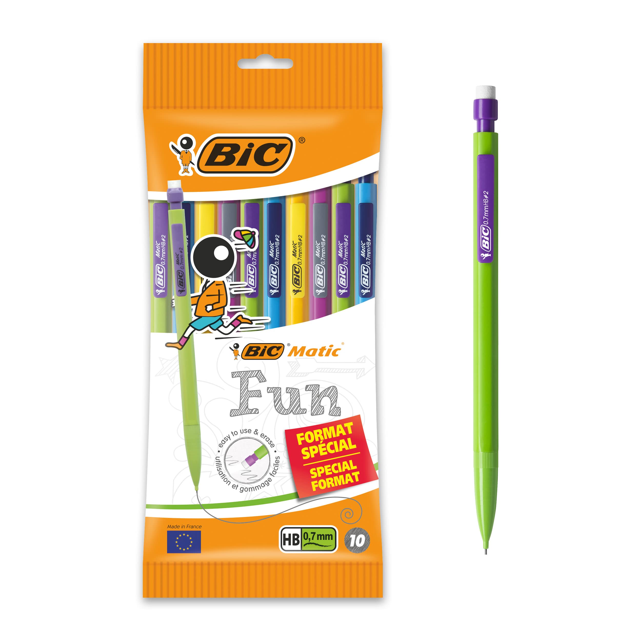 Bic Matic Fun Mechanical Pencil 0.7 mm HB with Eraser (Perfect for School) – Assorted Colours, Special Size Pack of 10