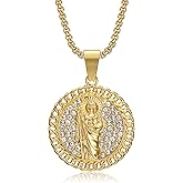 NEGS 18K Gold Plated Saint Jude Pendant Stainless Steel Necklace for Men Women, 24 Inch Chain San Judas Tadeo Medalla Cadena Oro Laminado Christian Prayer Jewelry Religious Gift