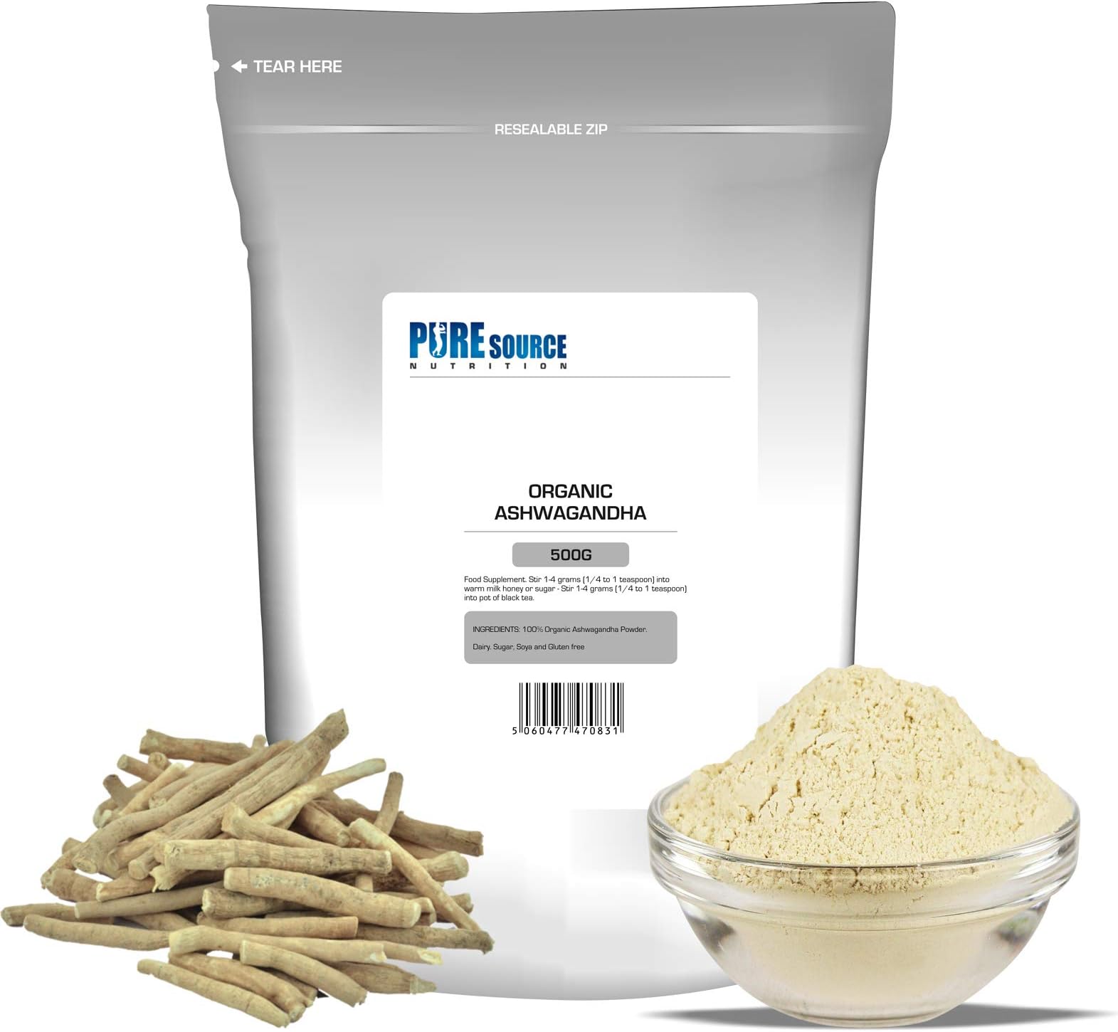 Pure Source NutritionOrganic Ashwagandha Root Powder Withania Somnifera RAW | Vegan | Extract (500g)
