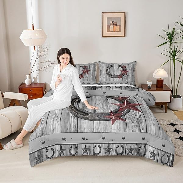 CASTLE FAIRY GREY RUSTIC BARN BEDDING SET FULL SIZE WESTERN COWBOY HORSESHOE COMFORTER SET FOR KIDS BOYS ADULTS TEENS ROOM DECOR VINTAGE FARMHOUSE WOODEN QUILT SET STAR HORSESHOE DUVET INSERT 3PCS