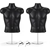 Geetery 2 Pack Male Mannequin Torso with Metal Stand, Tshirt Display, Black | Hollow Back Body Stackable Dress Form for Countertop, Craft Shows, Adjustable Height Mannequin with Hanging Hook,