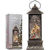 12" Christmas Snow Globe Lantern with Nativity - Water Swirling Glitter LED Light Lantern with Music - Vintage Xmas Gifts - USB Plug or Battery Operated Home Decor (Religious)