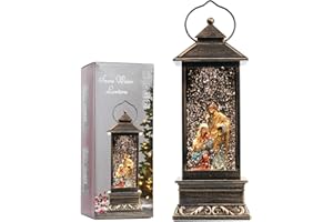 EIGHTOWN 12" Christmas Snow Globe Lantern with Nativity - Water Swirling Glitter LED Light Lantern with Music - Vintage Xmas Gifts - USB Plug or Battery Operated Home Decor (Religious)