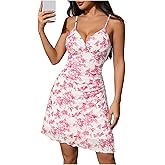 Milumia Women Boho Floral Ruched V Neck Cami Mini Dress Lettuce Trim Spaghetti Strap Short Dress