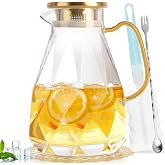 Glass Pitcher, 2.8 Liter Water Pitcher with Lid, Beverage Serveware | Iced Tea Pitcher, Water Carafe Handle, Heat Resistant Borosilicate Jug