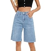 TOSATISFINE Jean Shorts for Women Long Stretchy High Waisted Denim Bermuda Shorts Baggy Jorts