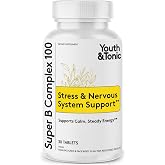 Youth &amp; Tonic Super B Complex 100, Stress B Complex, PABA B-100 Vitamins | Calm &amp; Steady Energy, High Potency Vitamin B Complex (Complejo B) with Choline Inositol, Men &amp; Women, 30 Tablets