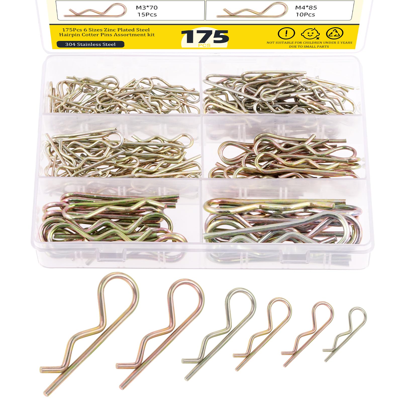 Mardatt 175Pcs 6 Sizes Cotter Pins, Zinc Plated Steel Hitch Pin Clips R Clips Hairpin Cotter Pin R Cotter Pins Fastener for Lawn Mower Machinery Garage