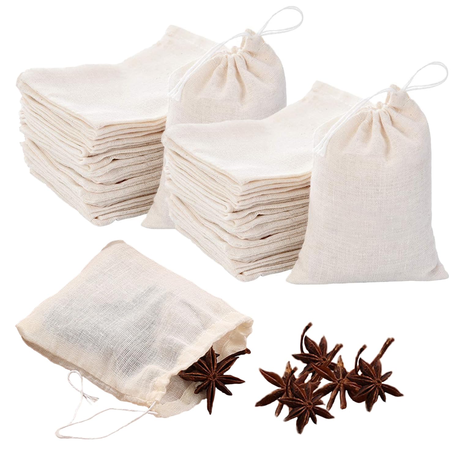 TRKETK 50 Pcs Cotton Muslin Drawstring Bags, Small Cotton Bags Reusable Tea Bags Brew Bags with Drawstring Washable Infusers Bag for Spices Tea Coffee Herbs Cooking Storage (8x10 cm)