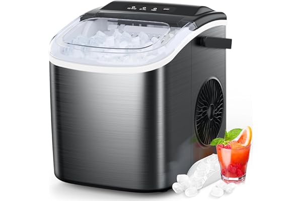 COWSAR Ice Maker Countertop, Stainless Steel Portable Ice Maker Machine with Self-Cleaning, 26.5lbs/24Hrs, 6 Mins/9 Pcs Bullet Ice, Perfectly for Home Use, Gift