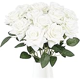 Uznaeoi 12Pcs Velvet Roses Artificial Flowers Silk White Roses Faux Roses with Stems Fake Rose Bouquet for DIY Wedding Home Party Table Centerpiece Arrangement Decoration(White)