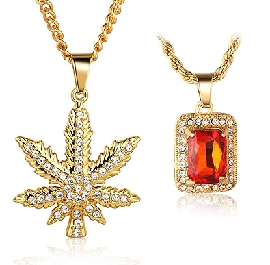 Halukakah ? In Weed We Trust ? Männlich in 18 Karat Vergoldetete Marijuana Rubinrot Anhänger Halskette Set mit Kostenloser 30' Kasten Kette 24' Seil Kette