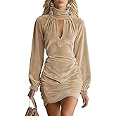 LAOMIT Women's Velvet Turtleneck Mini Dress with Cutout & Ruched Sides,Long Sleeve Bodycon Party Dress