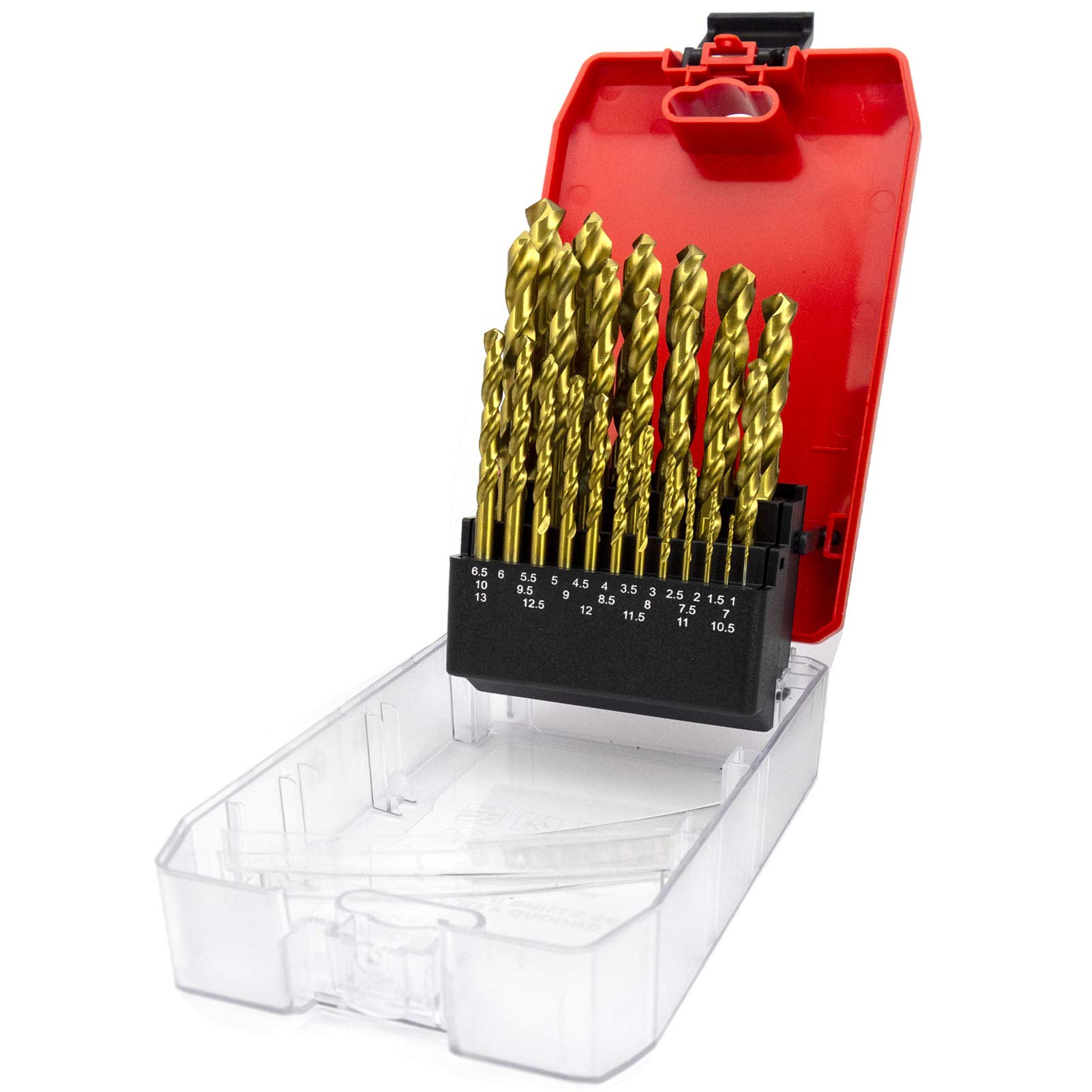 NORTOOLS Drill Bit Set, 25 pcs Titanium Nitride Coated HSS Fully Ground Round Shank Drill Bits for Steel, Soft Metal, Wood & Hard with Protective Storage Case 1.0-13.0 x 0.5 mm
