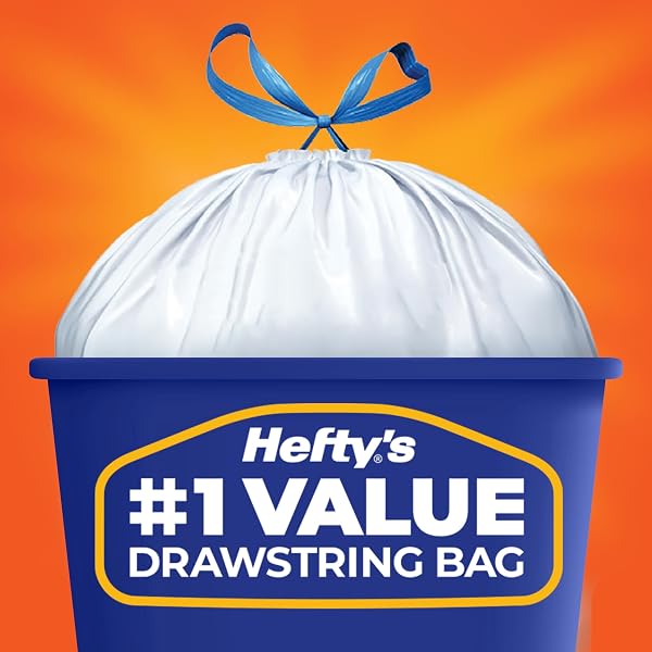 HEFTY STRONG WHITE 13 GALLON TRASH BAGS WITH DRAWSTRINGS, UNSCENTED TALL KITCHEN TRASH BAGS, RESISTS LEAKS, PUNCTURES, AND TEARS, DURABLE CLOSURE, 120 CT.