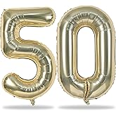 Lingqiang Champagne Gold Number 50 Balloons (3pcs), 40 Inch Unisex Birthday Decorations, Anniversary Party Supplies, Reusable Self Sealing