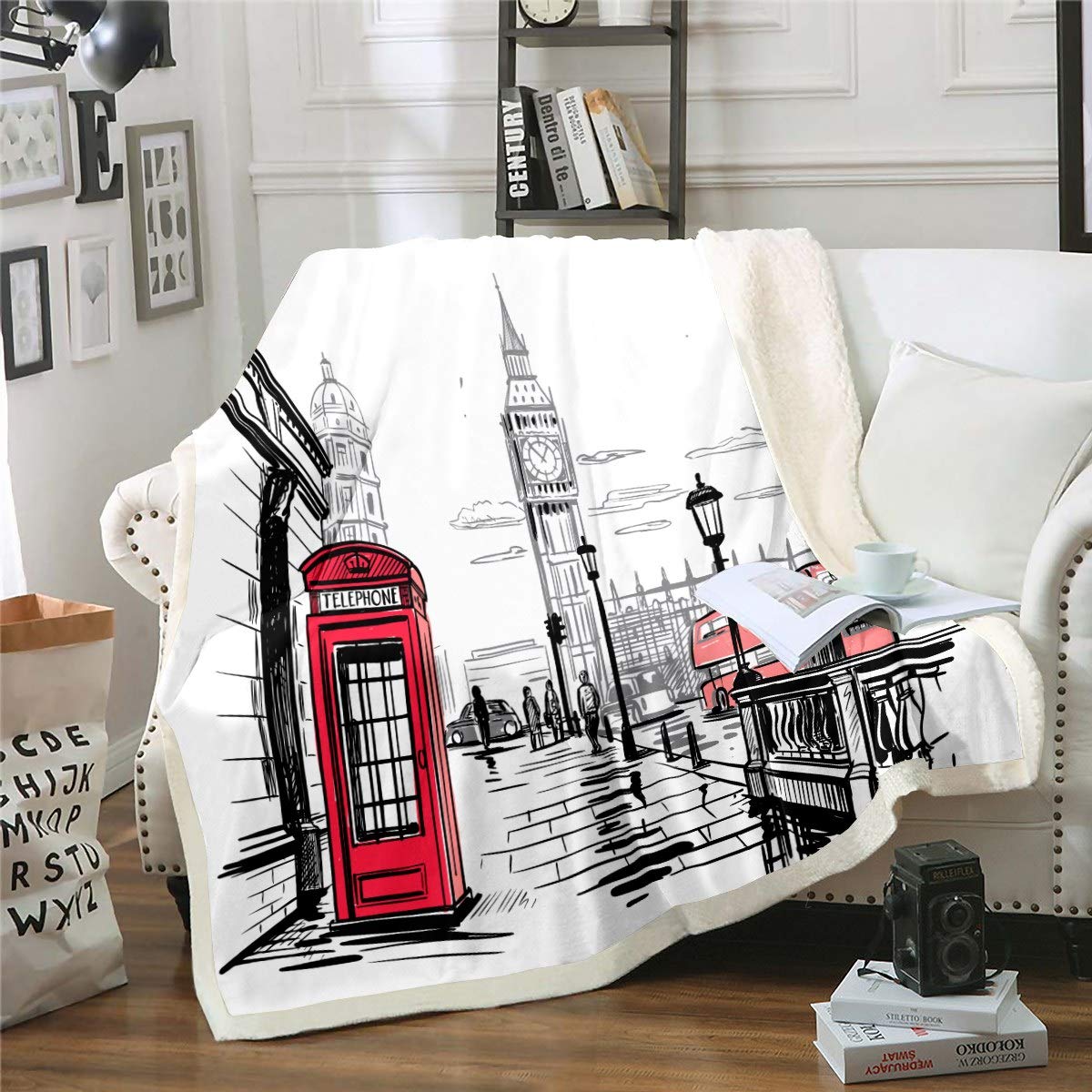 Loussiesd Big Ben Fleece Throw Blanket Telephone Booth Print Blanket Modern London Theme Sherpa Blanket for Room Decor Famous Cityscape Plush Blanket Single 50"x60"