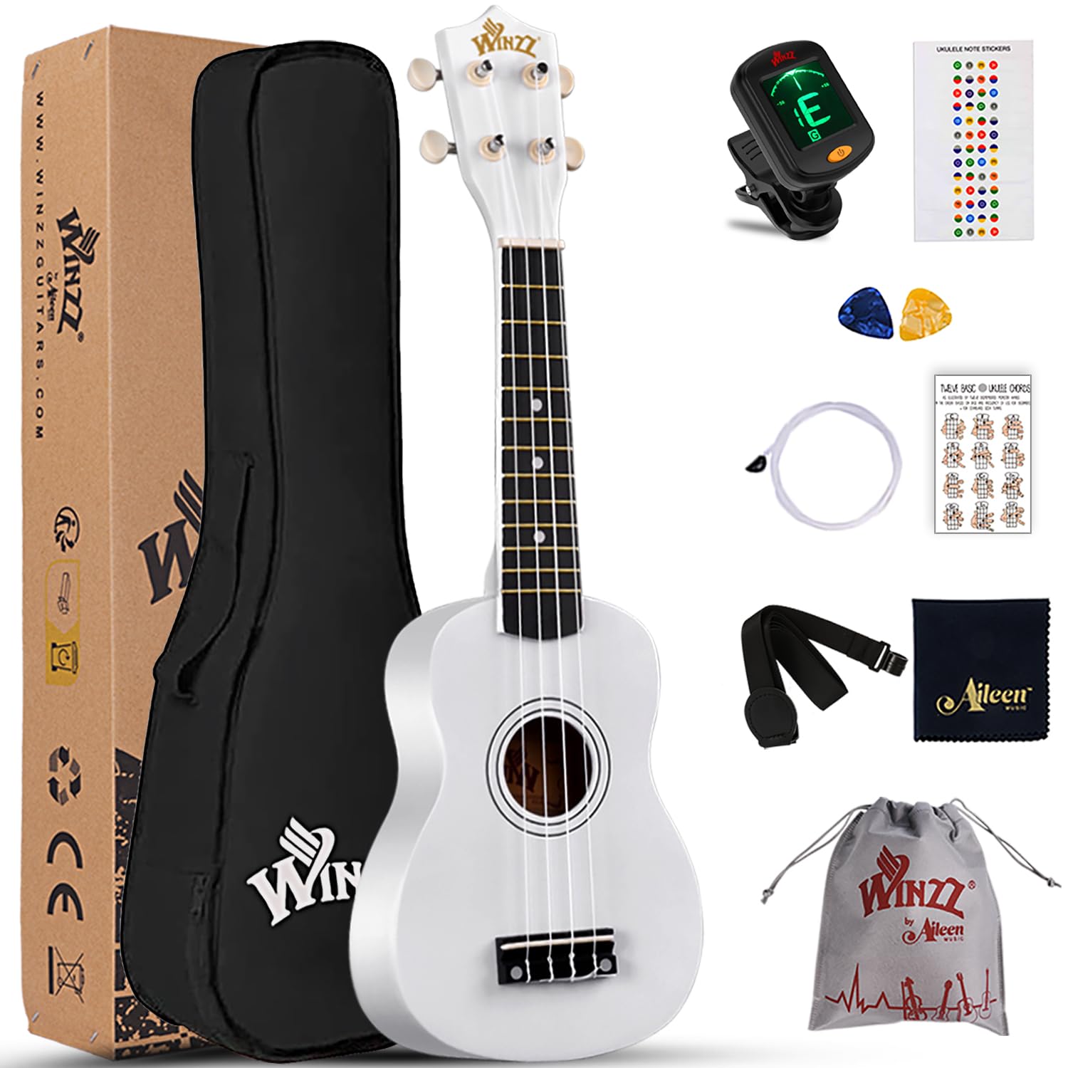 Winzz Ukulele for Kids 21 inch, Soprano Ukulele for Adults Beginner, White Children Starter Kit with Fingerboard Stickers，Chords Card, Tuner, Strap, Extra Strings, Bag (9 Accessories)