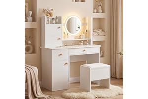 NBYTLT Vanity Desk with Round Mirror and Stool, Makeup Dressing Table Set with Storage Drawers, 3 Lighting Modes Vanity Table