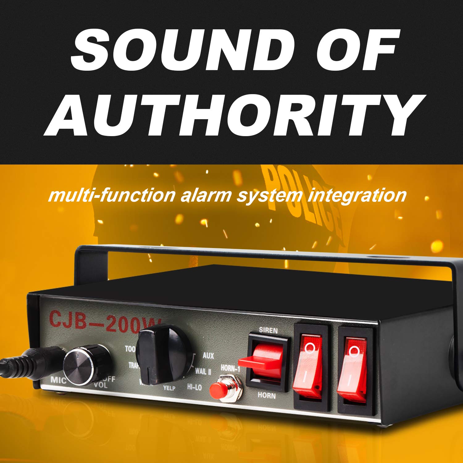 CJB200P Amplifier Police Siren & Black Plastic Square Speaker,DC12V 200W 9 Tones Wired Handheld Microphone Loudspeaker Emergency Siren Electronic PA System