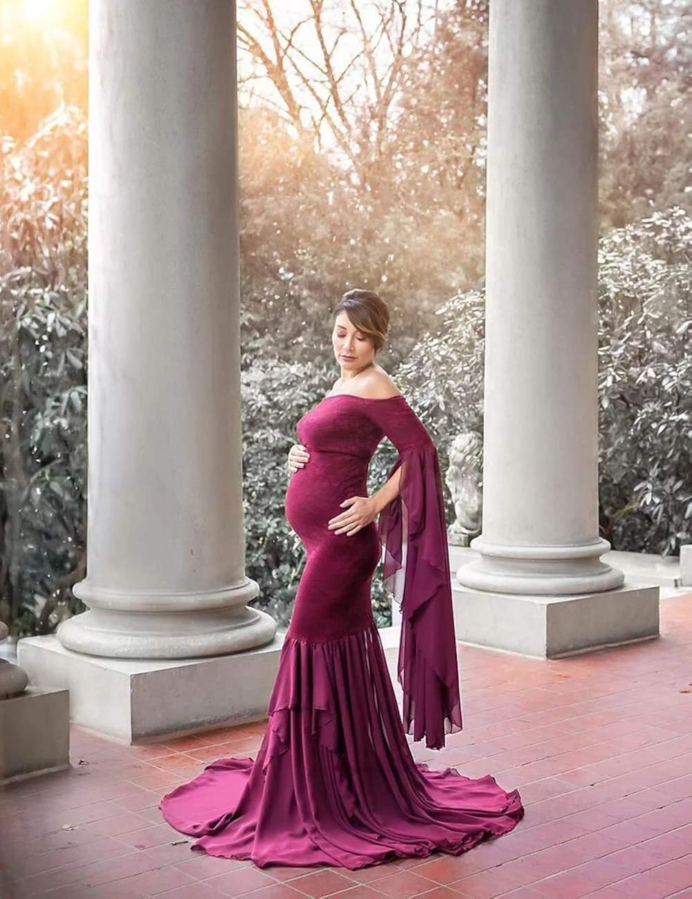 JustVH Women's Off The Shoulder Elegant Fitted Maternity Gown Flare Sleeve Slim Fit Maxi Photography Dress for Photoshoot Burgundy at  Women’s Clothing store