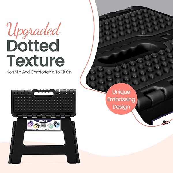 DELXO FOLDING STEP STOOL 9 INCH NON-SLIP FOLDABLE STOOLS FOR KIDS & ADULTS UP TO 300 LBS KITCHEN COLLAPSIBLE FOLD UP STEPPING STOOL WITH DOTTED 1 PACK BLACK