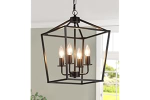 AMZASA UL Listed Black Industrial 4 Light Lantern Chandelier Ceiling Light Fixtures Farmhouse Metal Cage Rustic Geometric Pendant Light for Kitchen Island Entryway Dining Room Stairs and Hallway