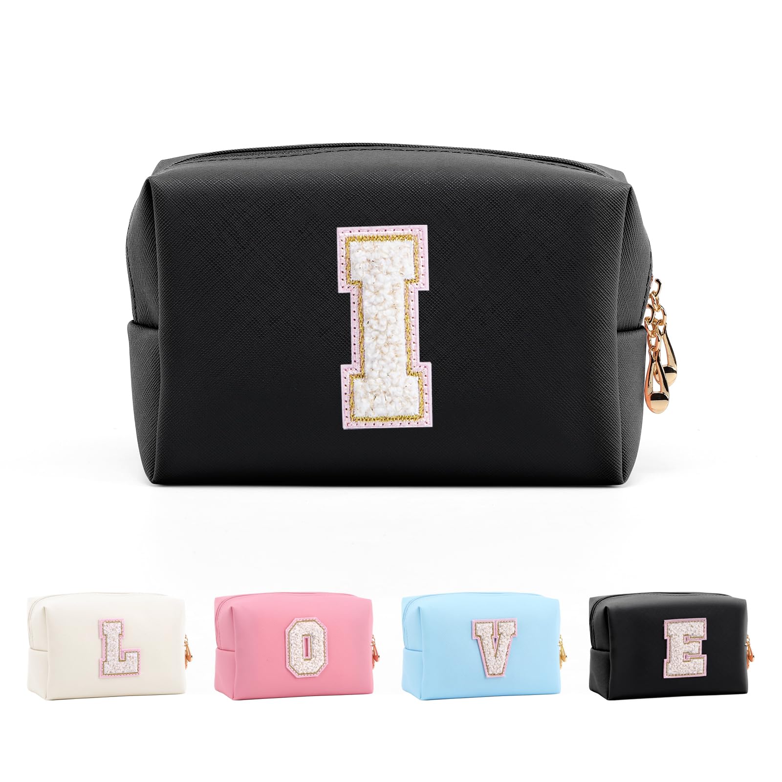 Anntry Small Personalized Initial Letter Makeup Bag, Cute Waterproof PU Leather Chenille Letter Cosmetic Bag Travel Makeup Bag, Preppy Makeup Pouch Toiletry Zipper Pouch Organizer for Women and Girls