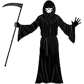 SZCXTOP Grim Reaper Costume Set for Mens & Adults, Halloween Scary Ghost Phantom Cosplay Masquerade Tunic Robe with Scythe & Gloves & Hood for Age 14+