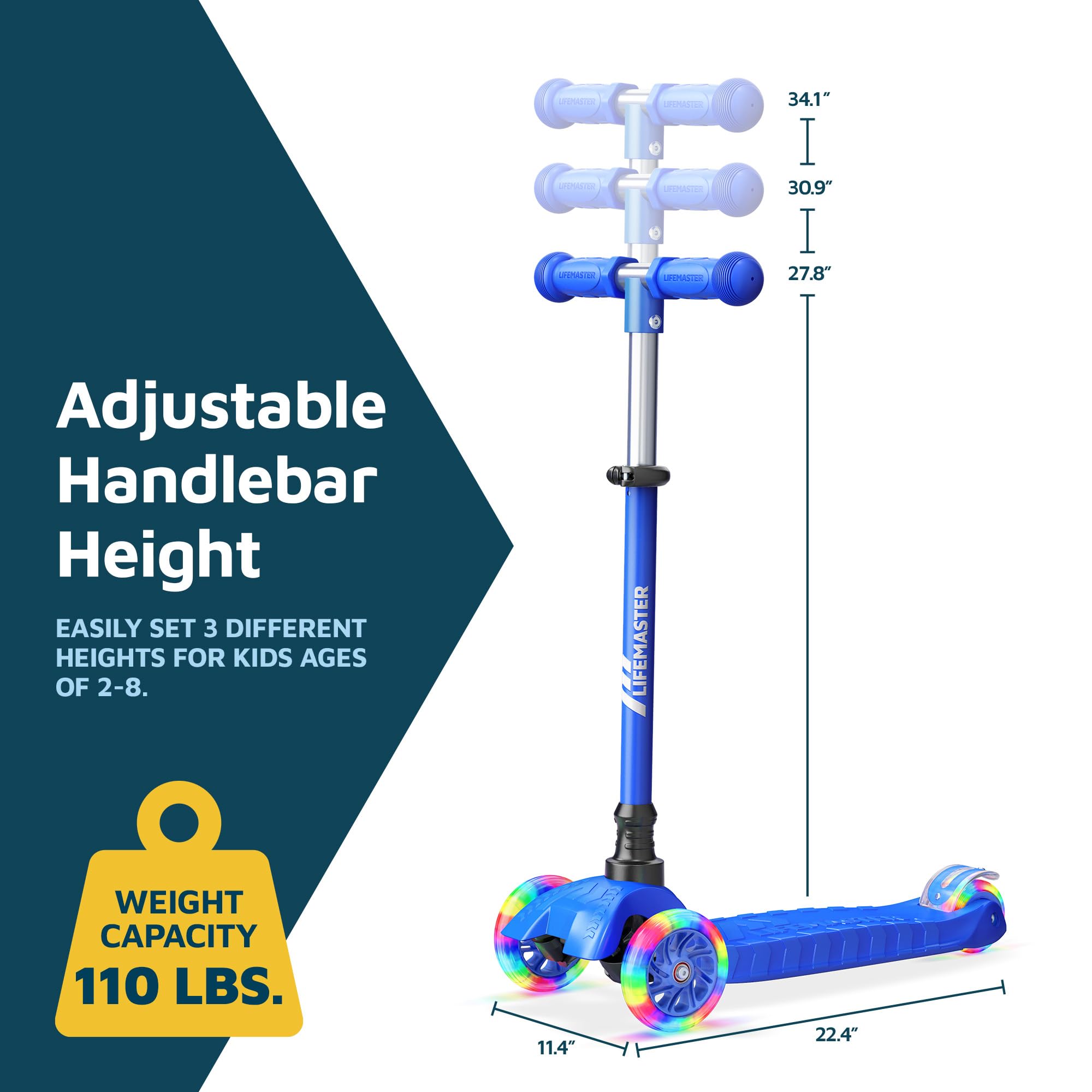 Lifemaster Mini 3-Wheel Kids Scooter with Multi-Color Wheel Lights – 4-Height Adjustable Handlebar, Wide Anti-Slip Deck, Child Safety Certified, Boys & Girls Ages 2+ Supports Up to 110 lbs