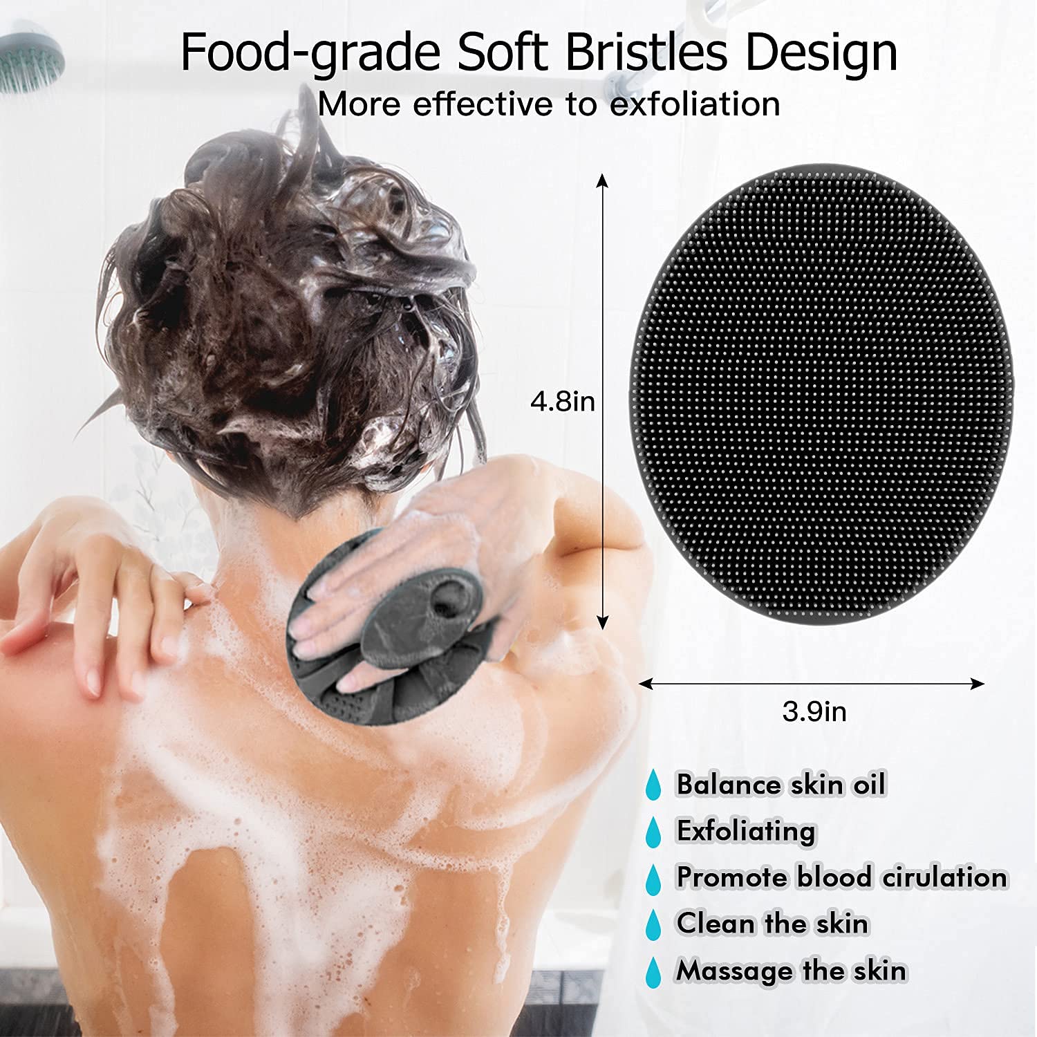 INNERNEED Soft Silicone Body Scrubber Handheld Shower Cleansing Brush, Gentle Exfoliating and Massage for All Kinds of Skin (Black)