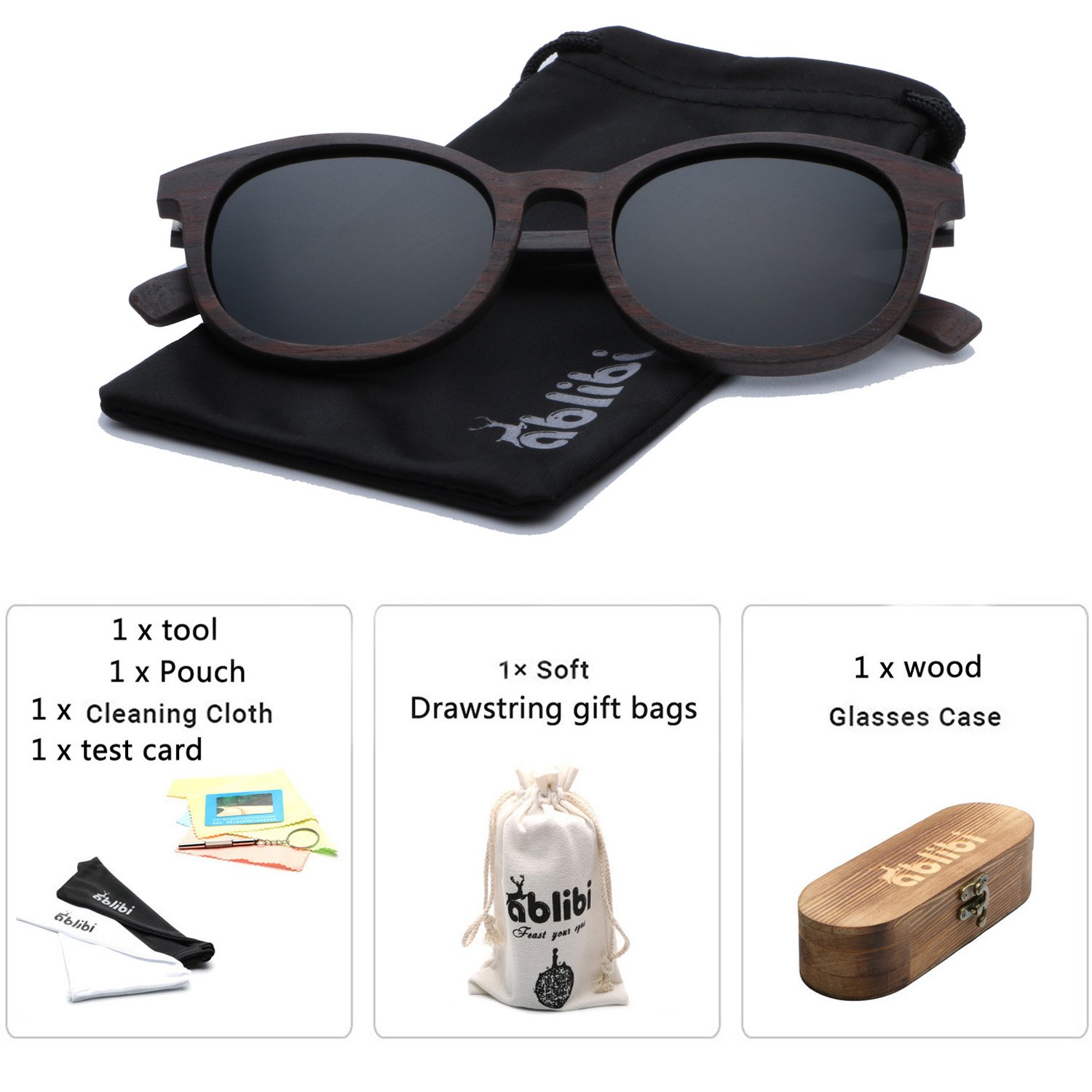 Ablibi Women Men Wood Bamboo Sunglasses Vintage Luxury Brand Designer Polarized Sun Glasses (walnut, black)