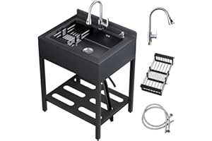 DEVLOUTT 40'' Stainless Steel Utility Sink, Free Stand Commercial Kitchen Single Bowl Sink with Pull-Out Cold & Hot Faucet, Utility Sink for Laundry Room, Kitchen, Bathroom, Hoses & Drain Kit (Style C, Black)