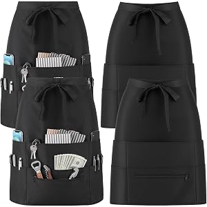 JOUTYFOR 4Pcs Server Apron, Chef Half Apron 8 Pockets Water-Resistant Black | Water-resistant polyester, stain-proof Universa