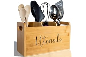 Elevated Haven Bamboo Kitchen Utensil Holder |3 Compartments 12in x 5in x 7in Wooden Utensil Holder | Utensil Holder for Countertop | Kitchen Storage|Kitchen Countertop Organizer|Kitchen Organization