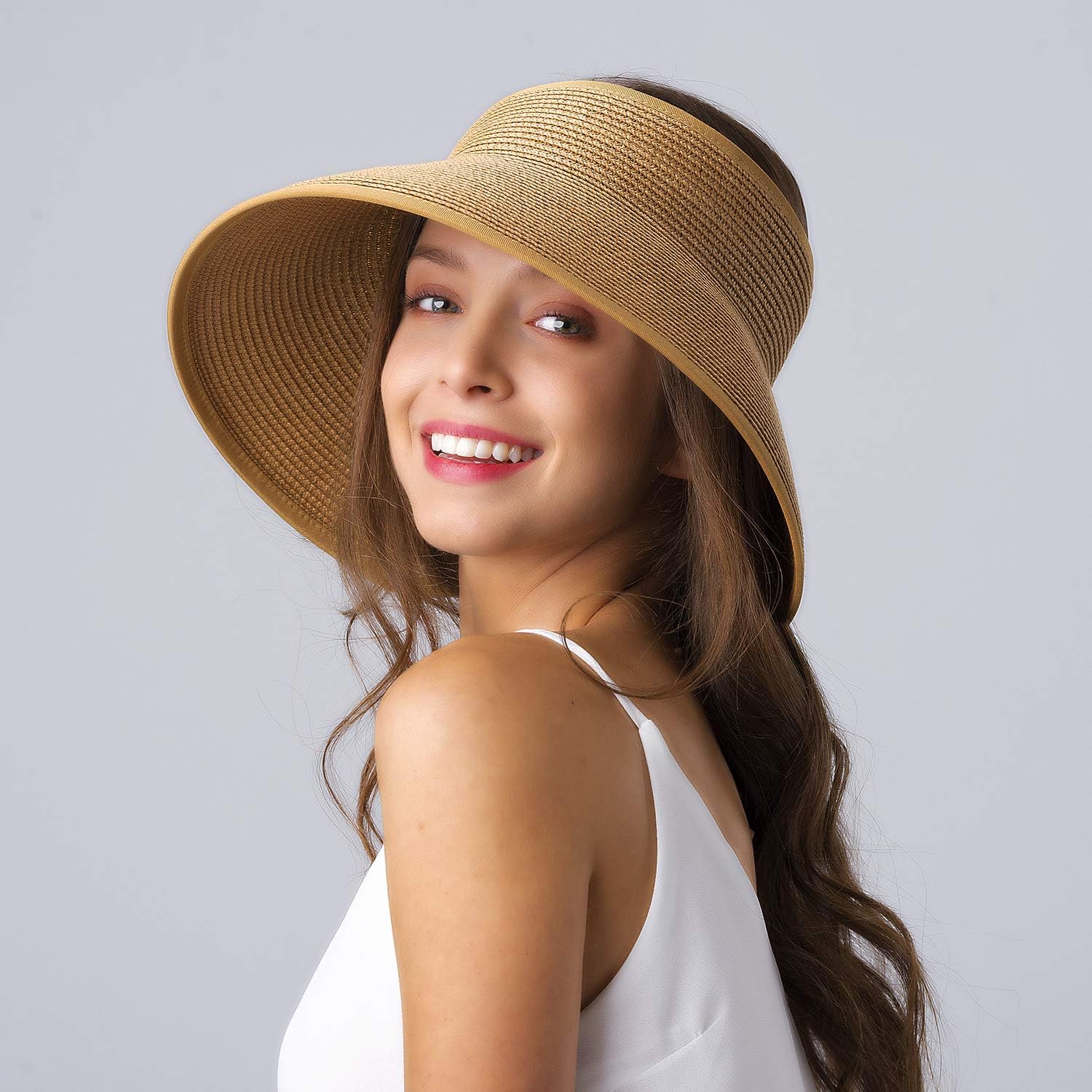 FURTALK Roll Up Sun Visor Wide Brim Straw Hats for Women Ponytail Summer Beach Hat UV UPF Travel Foldable Packable (One Size, Pure Khaki) at  Women’s Clothing store
