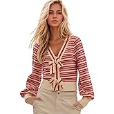 D-Sun Women Stripe Bow Sweater V-Neck Long Sleeves Elegant Cardigan Snaped Knit Ribbed Y2K Open Front Tops