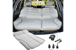 KMZ SUV Air Mattress Double Sided Thickened Flocking Car Bed – Portable Inflatable Mattress Pad for Camping & Travel with 2 Pillows & Electric Pump (Off-White and Coffee)