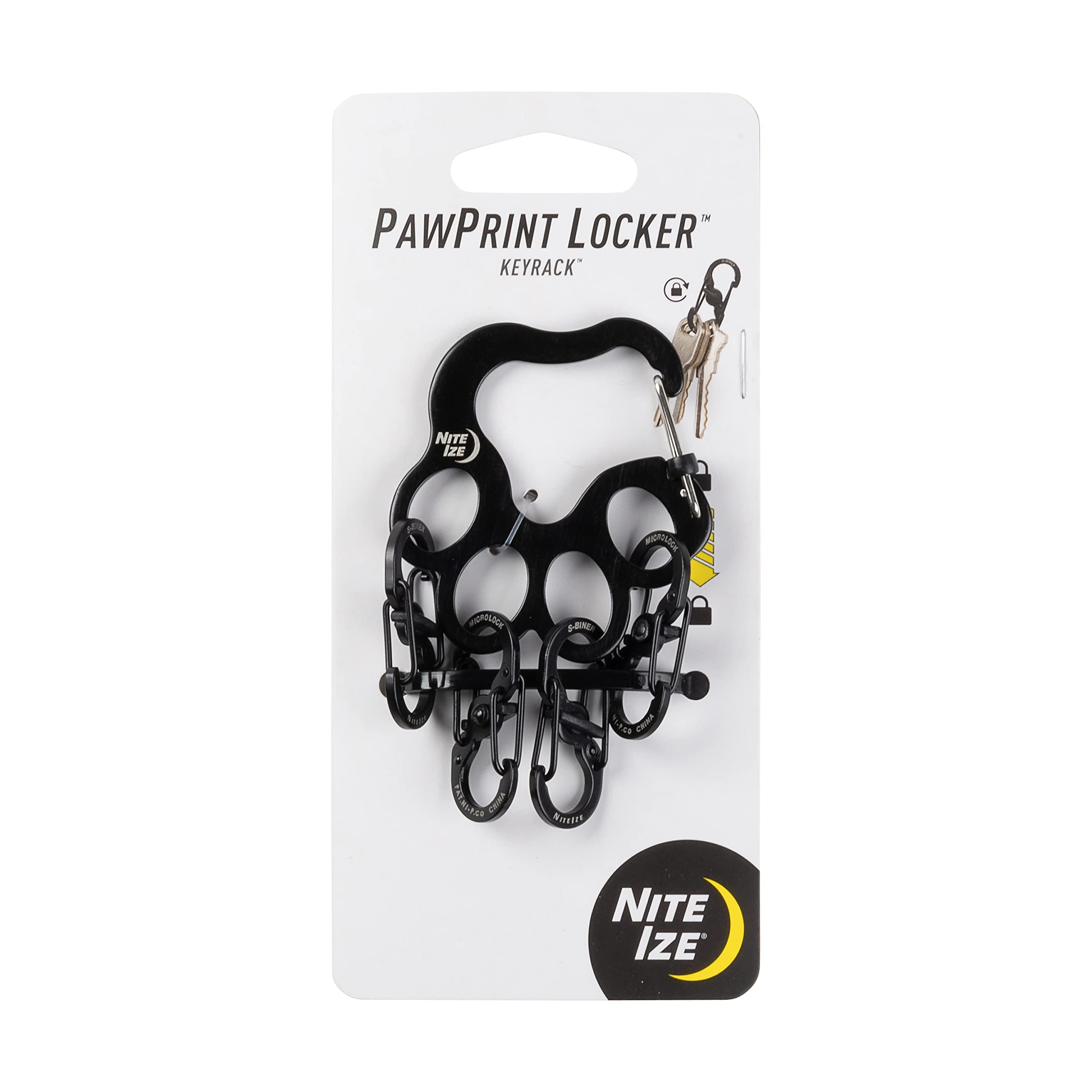Nite IZE Pawprint Locker KeyRack - Stainless Steel Keychain Organizer with Locking Carabiner - Features 4 S-Biner MicroLocks to Securely Hold Keys