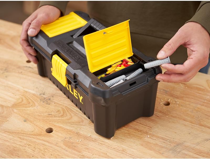 Caja de herramientas de plástico con cierre de plástico, 32 x 18,8 x 13,2 cm, asa ergonómica, organizadores en la tapa, bandeja interior extraíble, orificio para candado, STST1-75514