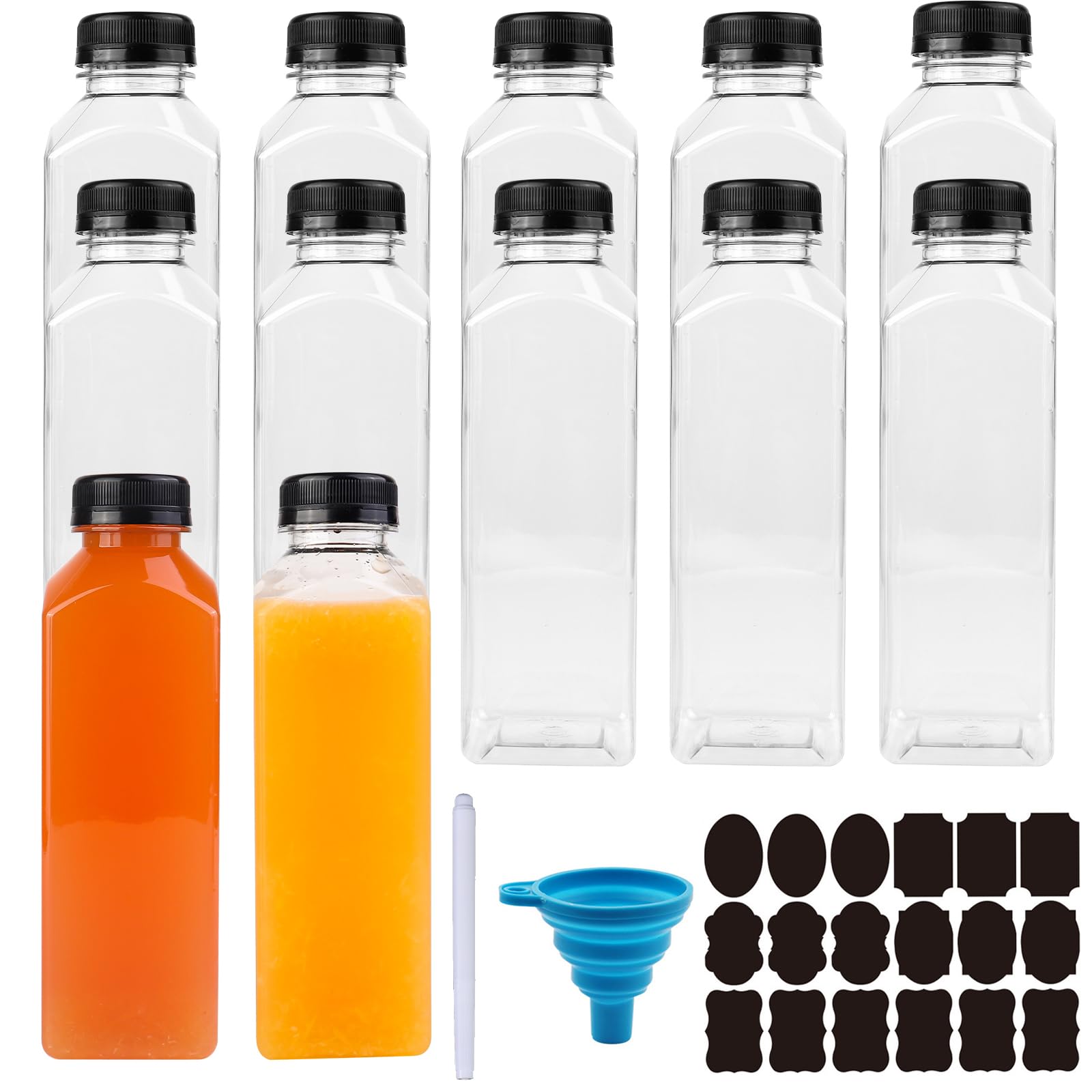 Chetexus 12 pack 16oz Plastic Juice Bottles, 500ml Empty Reusable Bottles with Caps, Clear Plastic Smoothie Water Bottle Storage Bottles with Silicone Funnel for Storing Homemade Beverages, Milk