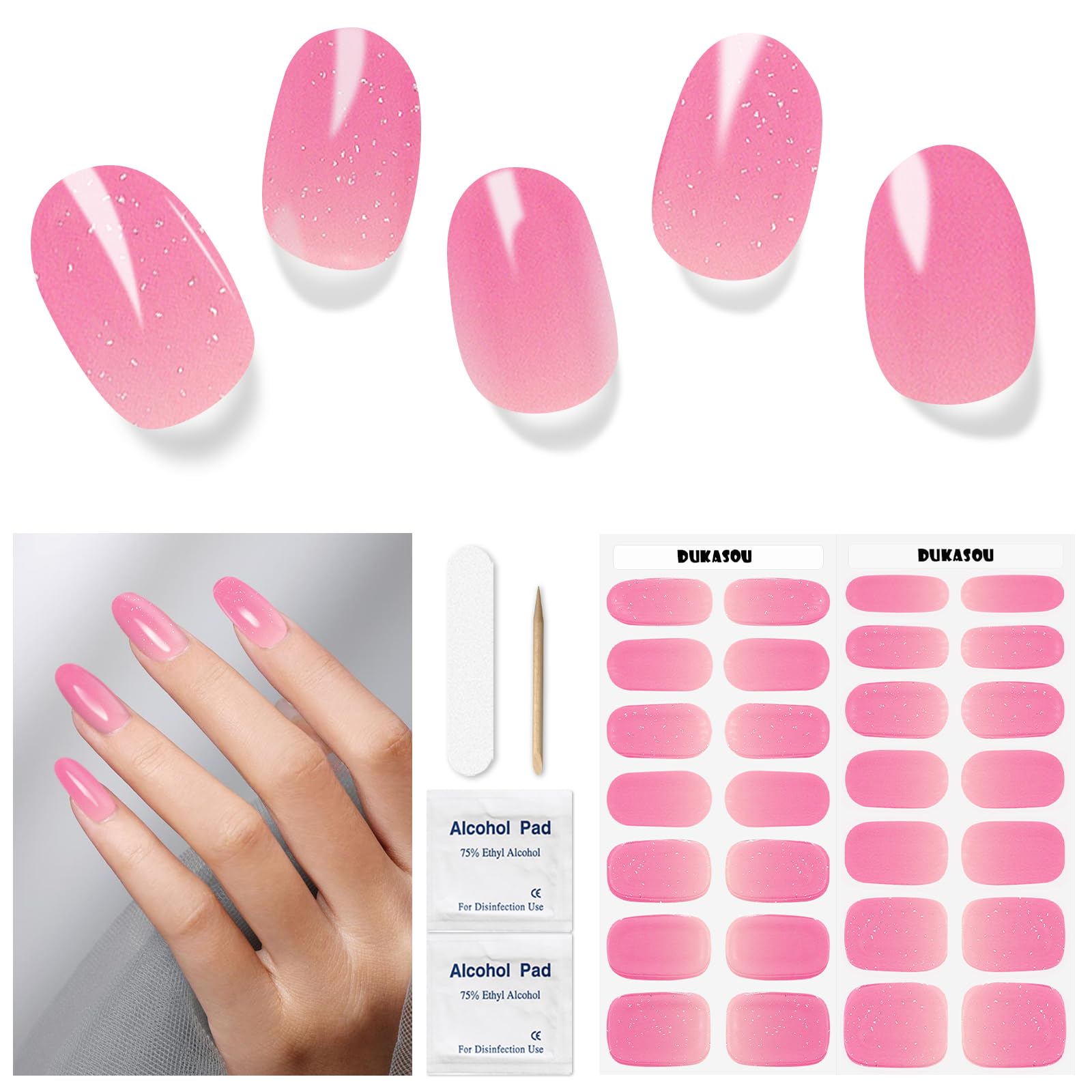Semi Cured Gel Nail Strips - 28 pcs Work with Any UV Lamp, Long Lasting Art Stickers, Salon Quality, Easy to Apply (Shiny Pink)