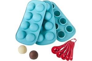 Webake Silicone Chocolate Candy Molds, Round Sphere Baking Molds for Cordial Truffle, Jello Pudding Ball Ice Cube Peanut Butter, Set of 3, Bonus Filling Scoop Set