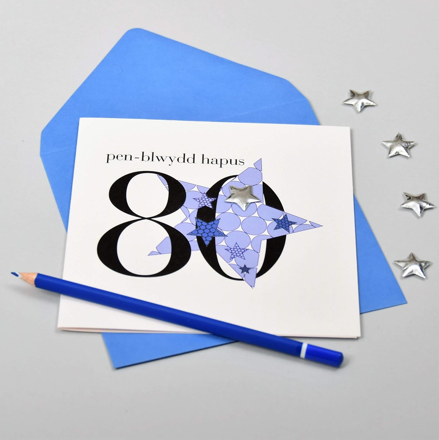 Claire Giles Greeting Cards, Welsh Happy 80th Birthday Card, Penblwydd Hapus, Blue Stars Age 80 Greeting Card - Image 4