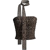 MakeMeChic Women's Strapless Leopard Mesh Tube Top Sleeveless Ruched Bandeau Crop Festival Rave Tops with Scarf