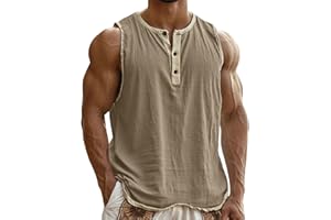 Men's Cotton Linen Tank Tops Casual Sleeveless Henley Shirt Breathable Lightweight Workout Gym Fitness Tee Shirts