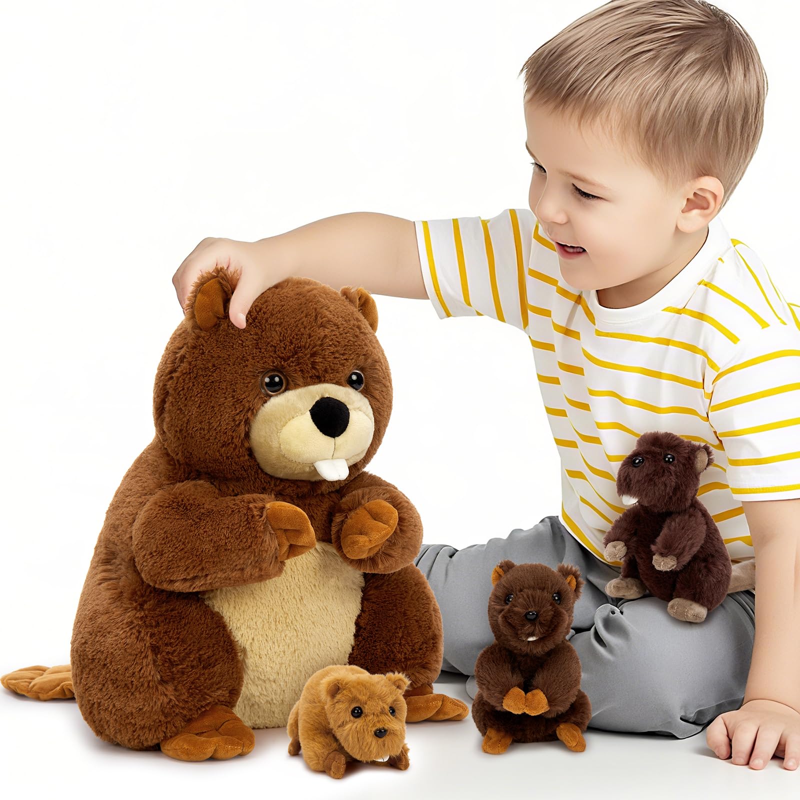 MaoGoLan 4Pcs Beaver Stuffed Animals with Three Babies Inside,17.7" Fluffy Giant Beaver Plush Gift,Funny Beave Plushie Woodland Toys for Kids,Teens,Baby Shower,Christmas Image