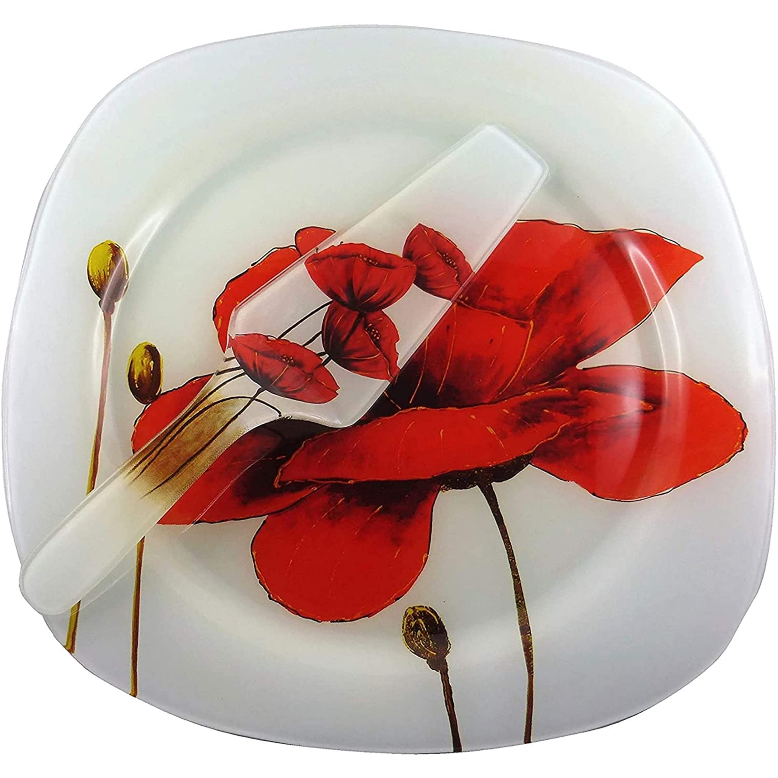 Cake Display With Glass Cake Scoop, Cake Tray Or Pie 30X30cm Poppy Design, Presented In Its Cardboard And Pvc Gift Box, Christmas, Party. White And Red Serving Dish