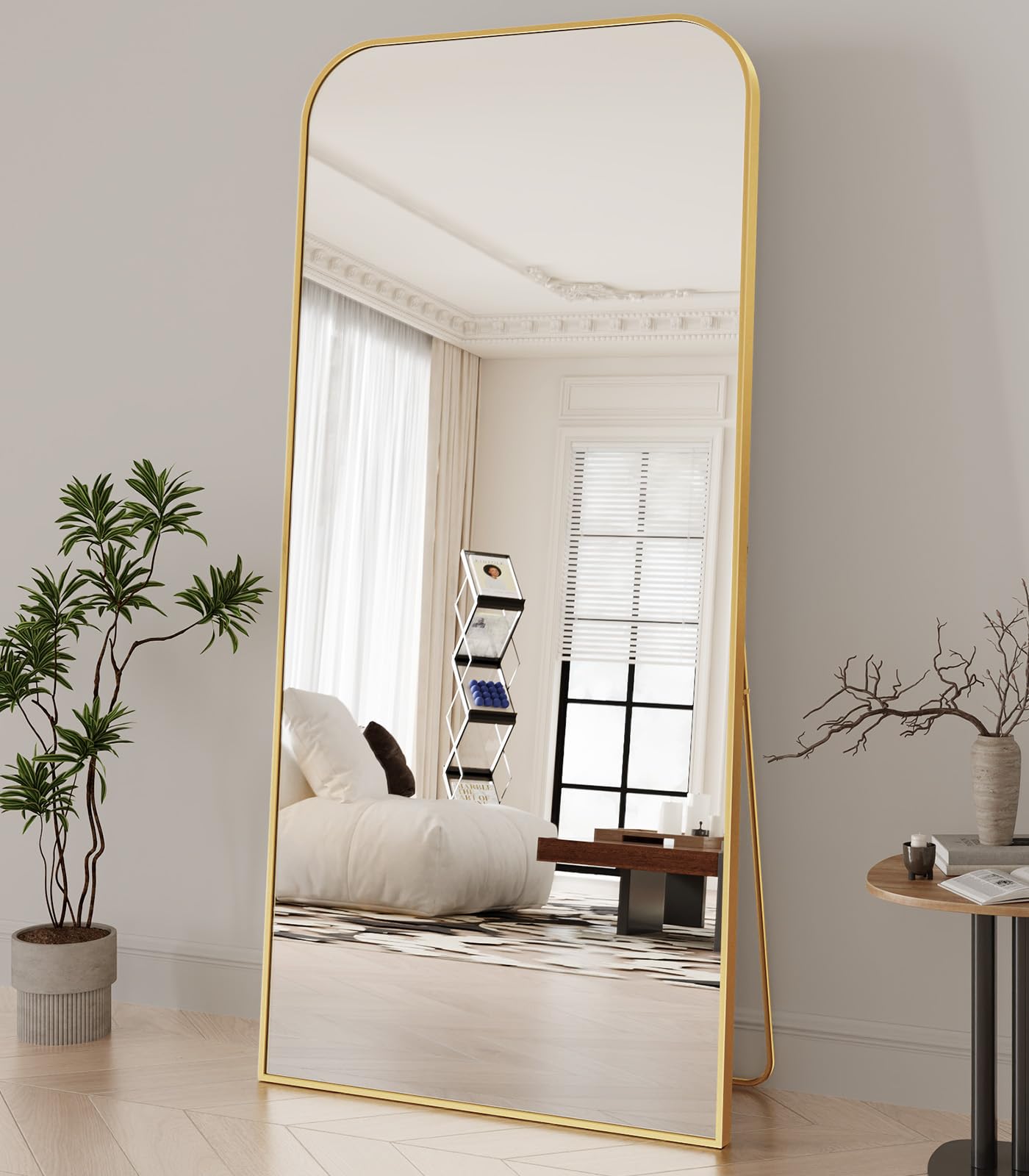 Koonmi Full Length Mirror, 71"x30" Mirror Full Length with Stand, Gold Domed Top Square-Edged Floor Mirror with Aluminum Alloy Frame for Bedroom Living Room Image